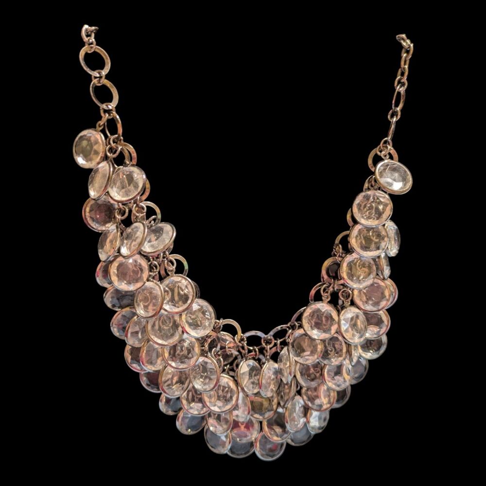 Gold Tone Statement Bib Necklace with Faceted Crystal Drops - Picture 3 of 4